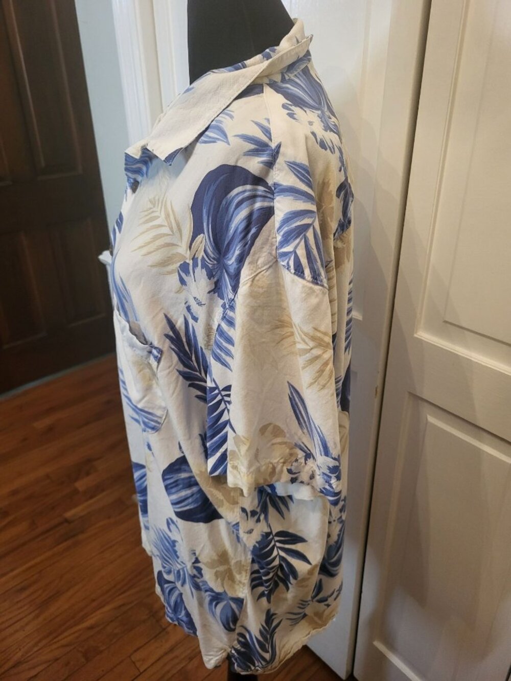 George Vintage 90s Men's Blue White Hawaiian Button Up L Cruise Luau Vacation - Picture 7 of 7